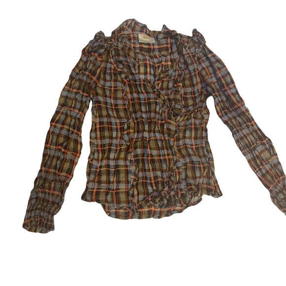 MAEVE BY ANTHROPOLOGIE PLAID RUFFLE LONG SLEEVE BLOUSE - Picture 1 of 3